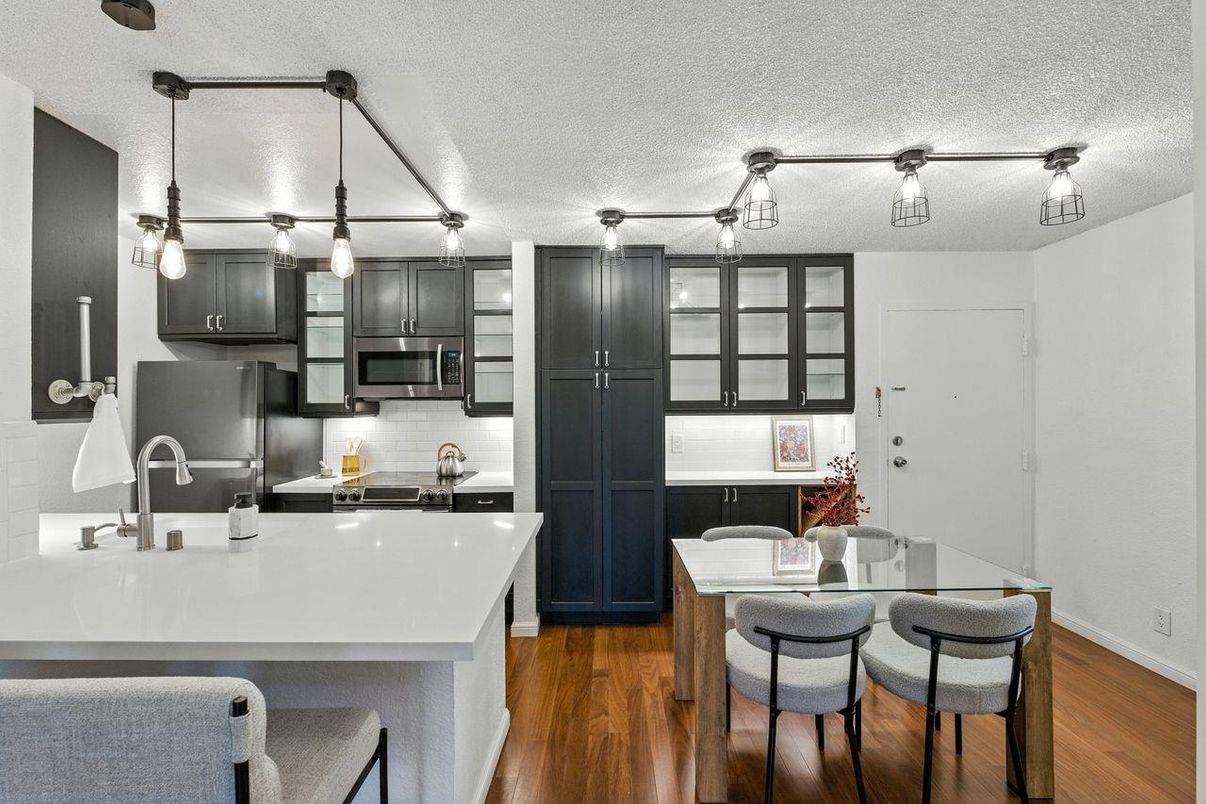 Interior, Kitchen, Pendant Lights, Stainless Steel Appliances, Wood Texture Flooring