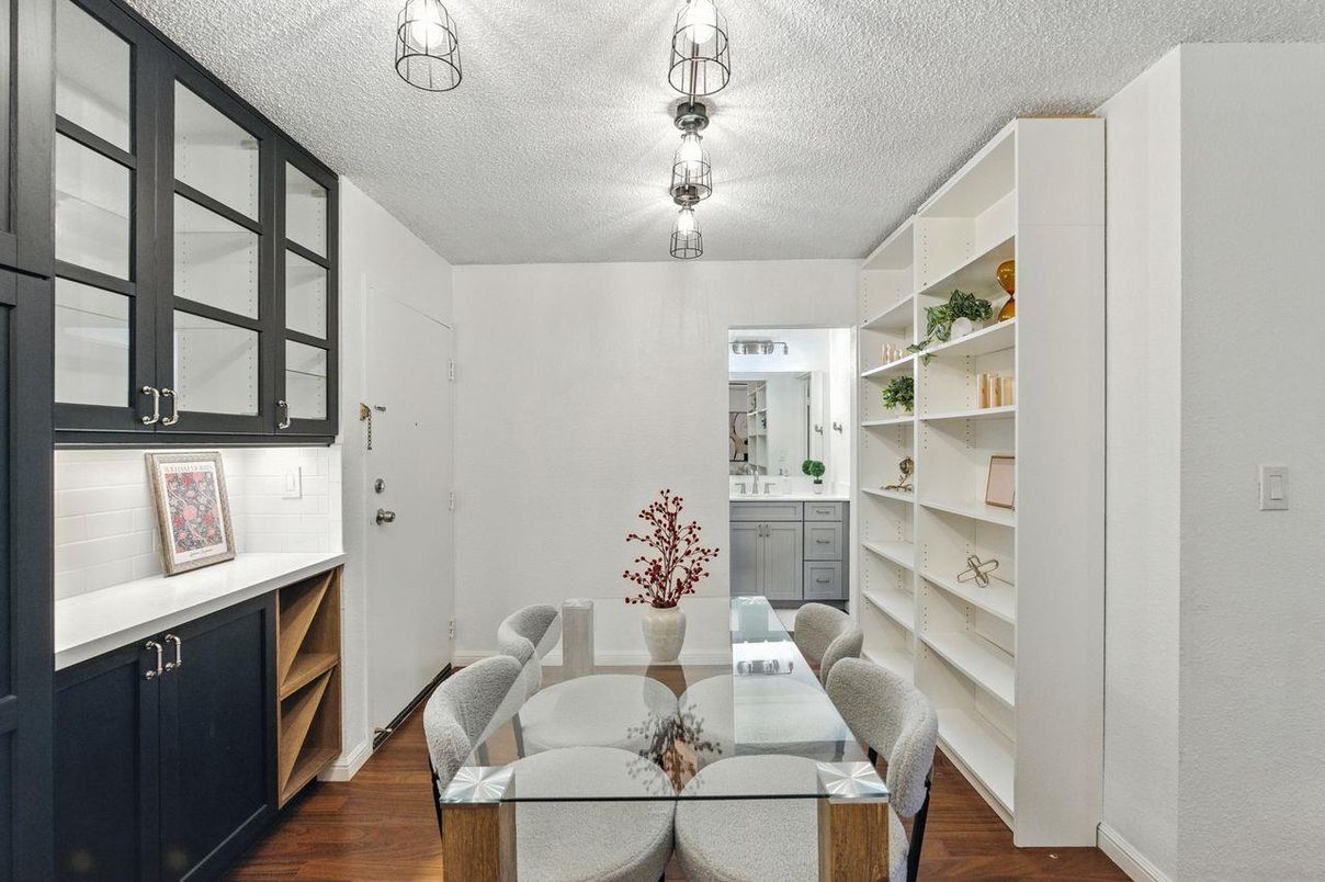 Dining room, Interior, Pendant Lights, Wood Texture Flooring