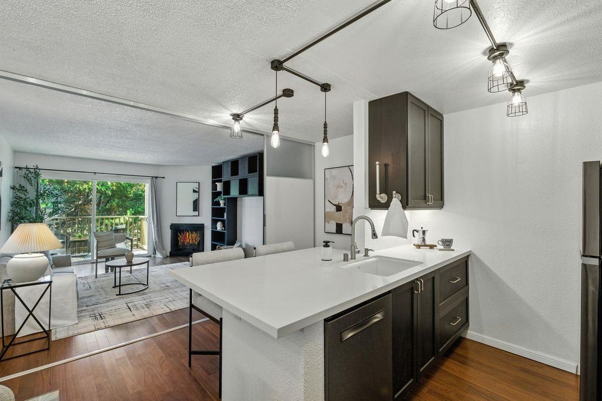 Fireplace, Interior, Kitchen, Living room, Pendant Lights, Wood Texture Flooring