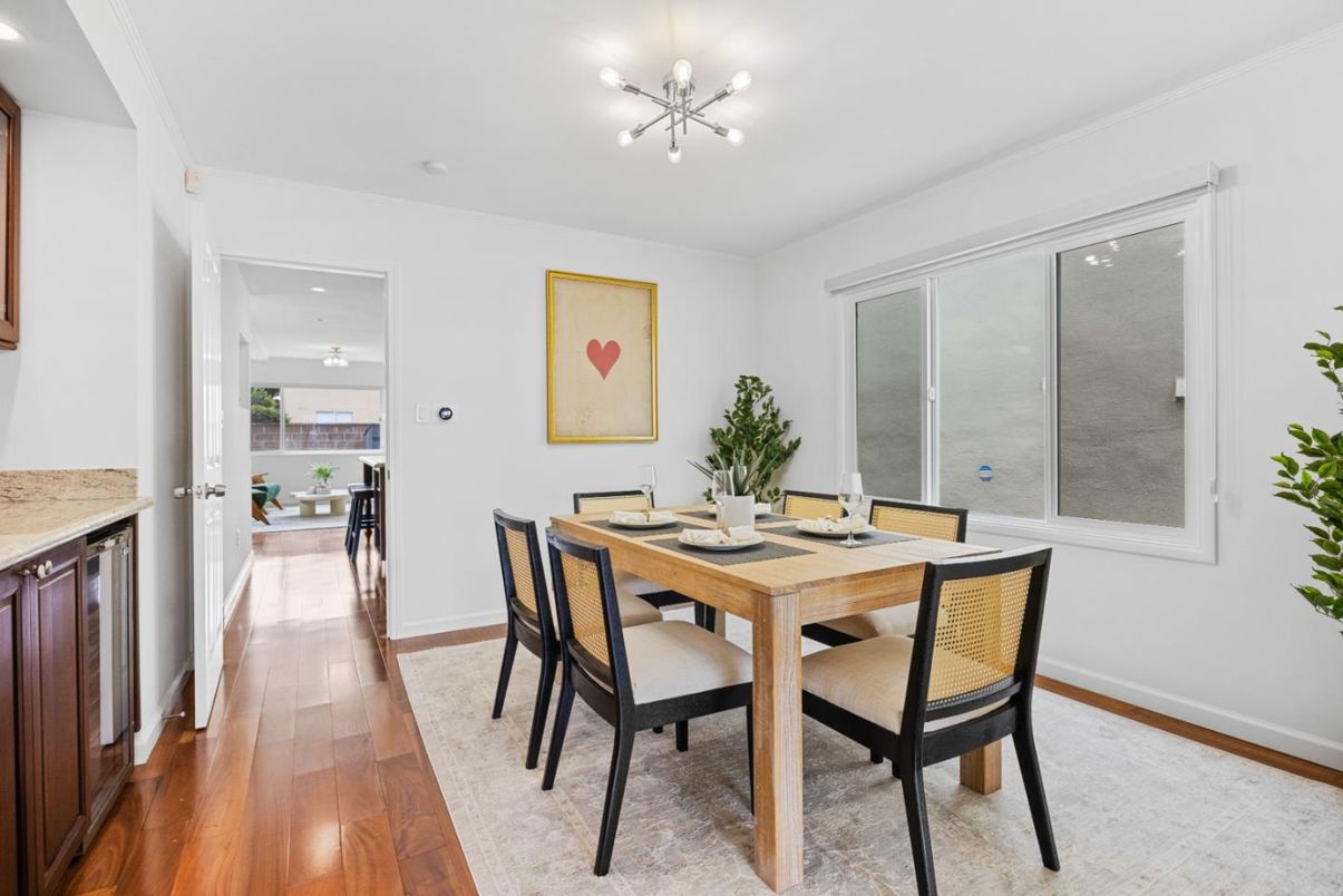 Dining room, Interior, Pendant Lights, Recessed Lighting, Wood Texture Flooring