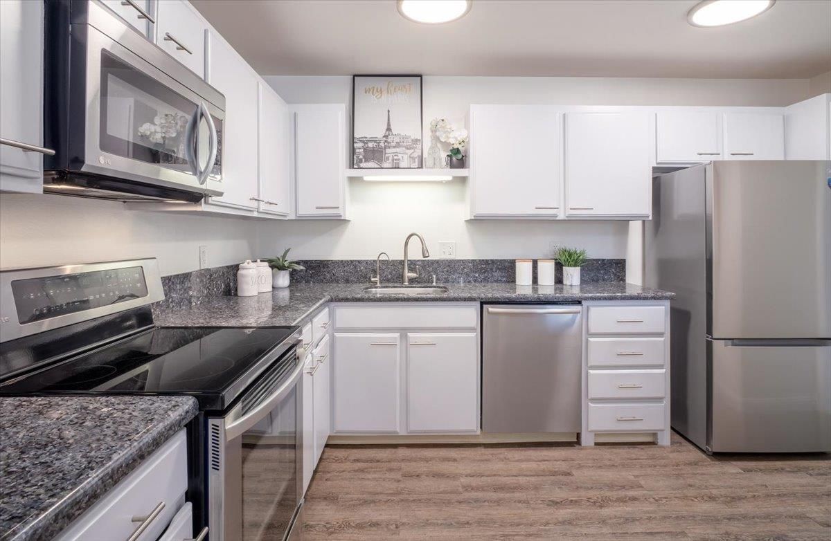 Interior, Kitchen, Recessed Lighting, Stainless Steel Appliances, Wood Texture Flooring