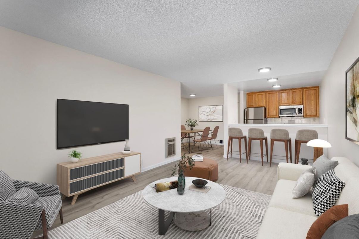 Dining room, Interior, Kitchen, Living room, Recessed Lighting, Stainless Steel Appliances, Wood Texture Flooring