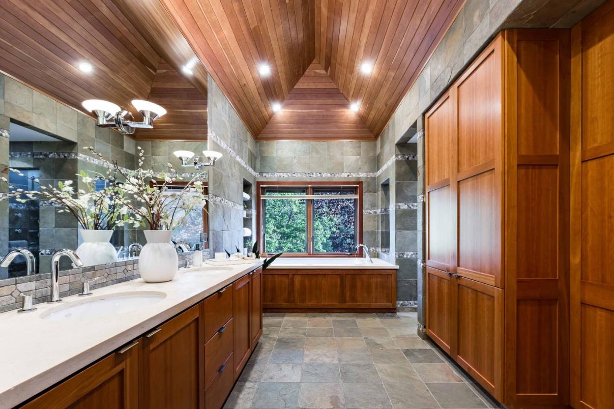 Bathroom, Dual Sink Vanities, Glass Shower, Interior, Recessed Lighting, Wooden Ceilings