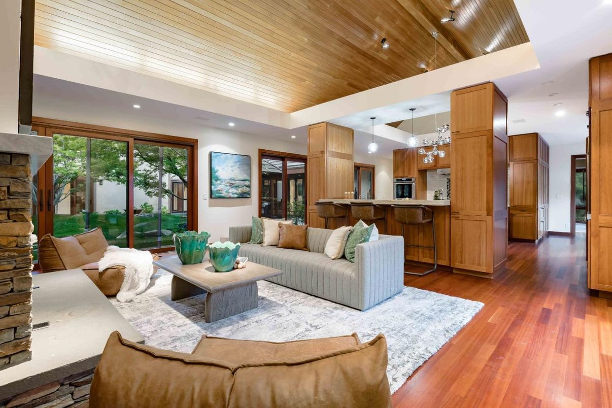 Interior, Kitchen, Living room, Pendant Lights, Recessed Lighting, Wooden Ceilings, Wood Texture Flooring