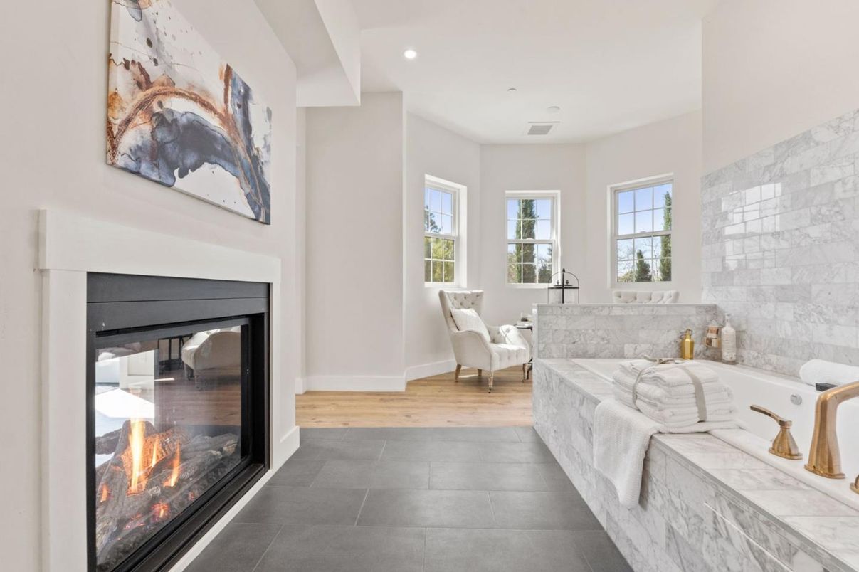 Bathroom, Fireplace, Interior, Recessed Lighting, Wood Texture Flooring