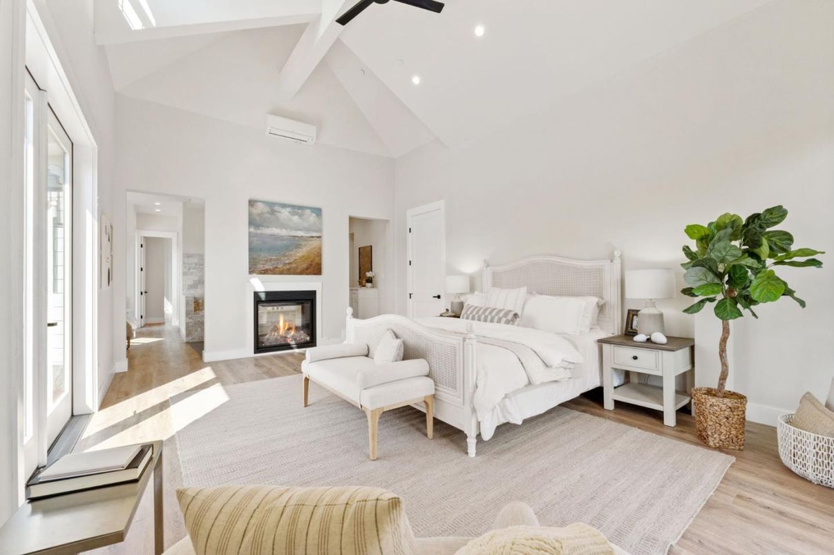 Bedroom, Fireplace, Interior, Recessed Lighting, Wood Texture Flooring