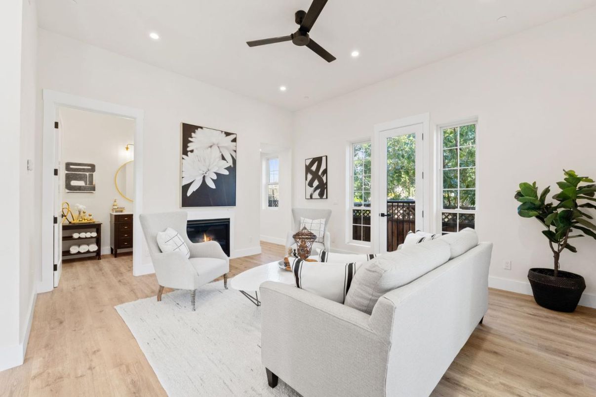 Fireplace, Interior, Living room, Recessed Lighting, Wood Texture Flooring