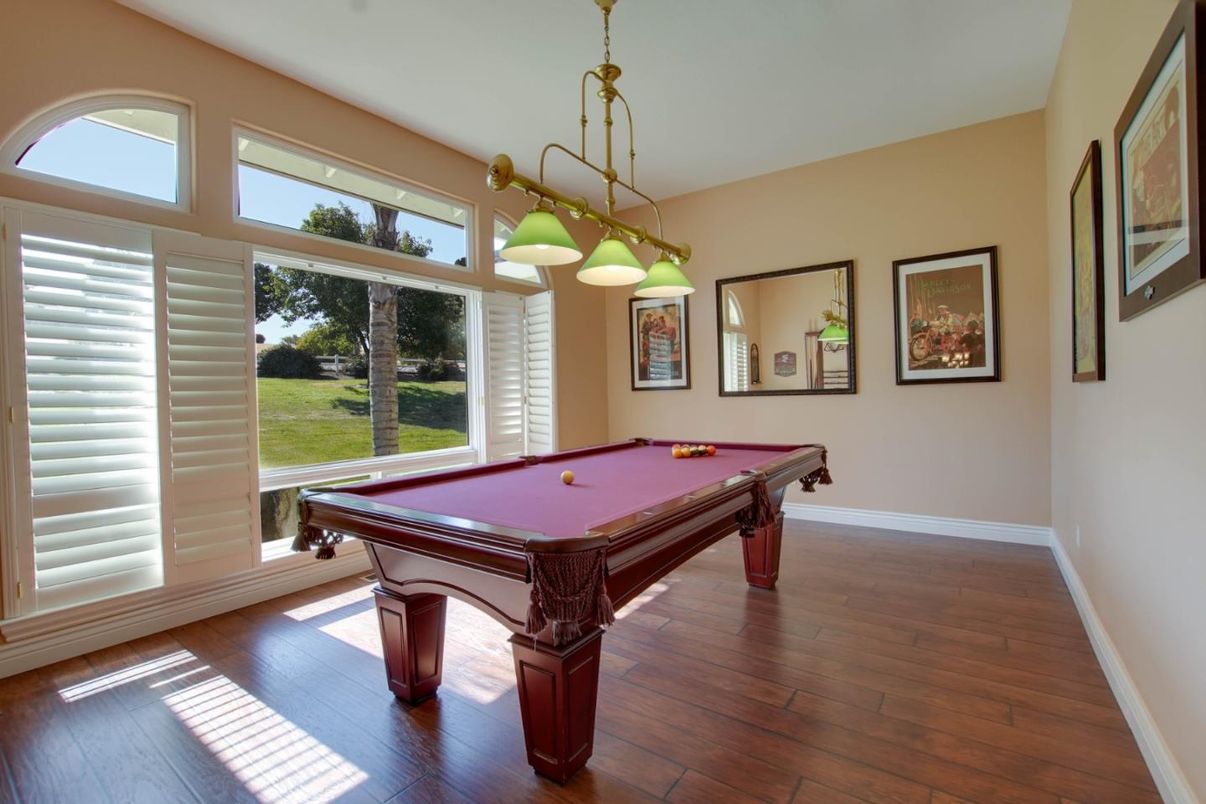 Billiard Table, Game Room, Interior, Pendant Lights, Wood Texture Flooring