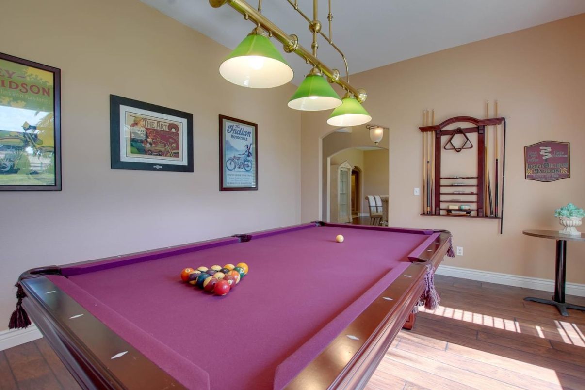 Billiard Table, Game Room, Interior, Pendant Lights, Wood Texture Flooring