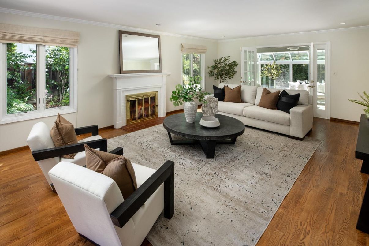 Fireplace, Interior, Living room, Recessed Lighting, Wood Texture Flooring