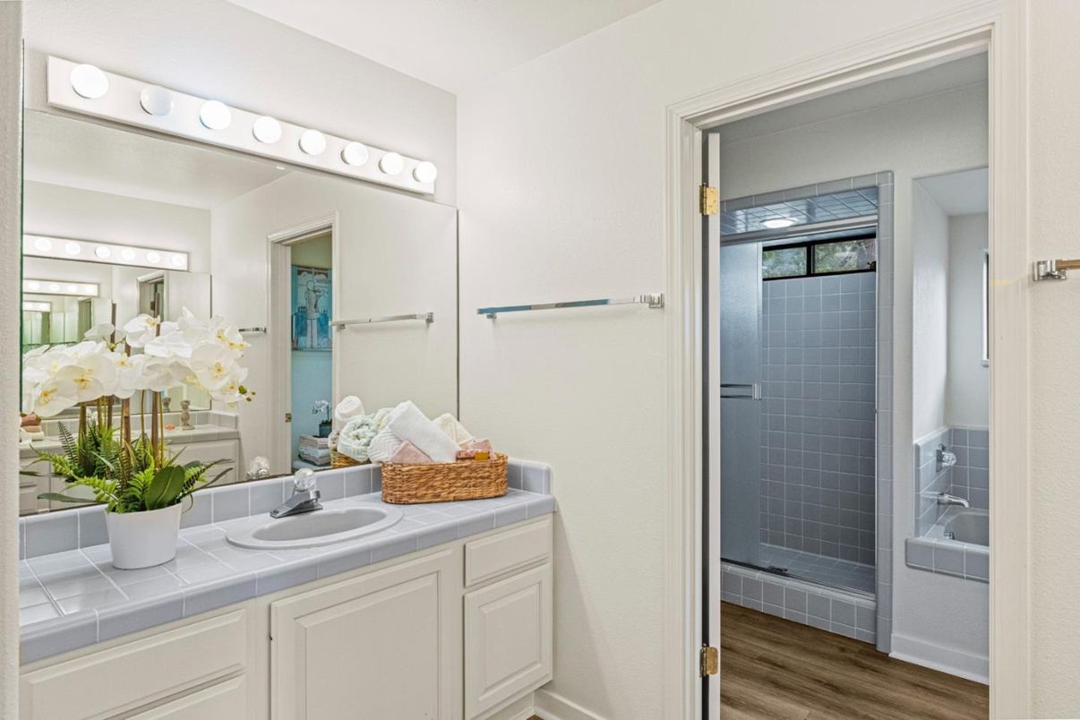 Bathroom, Dual Sink Vanities, Interior, Tile Countertops, Wood Texture Flooring