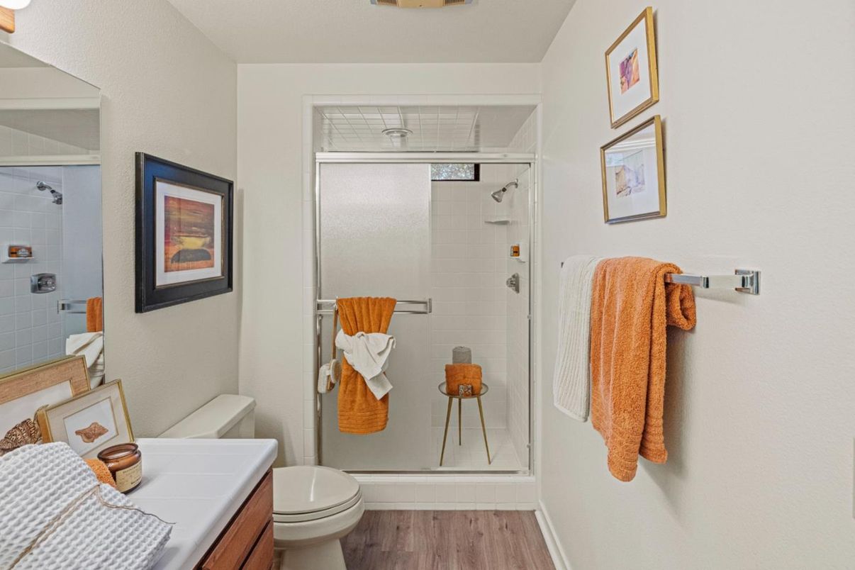 Bathroom, Interior, Tile Countertops, Wood Texture Flooring