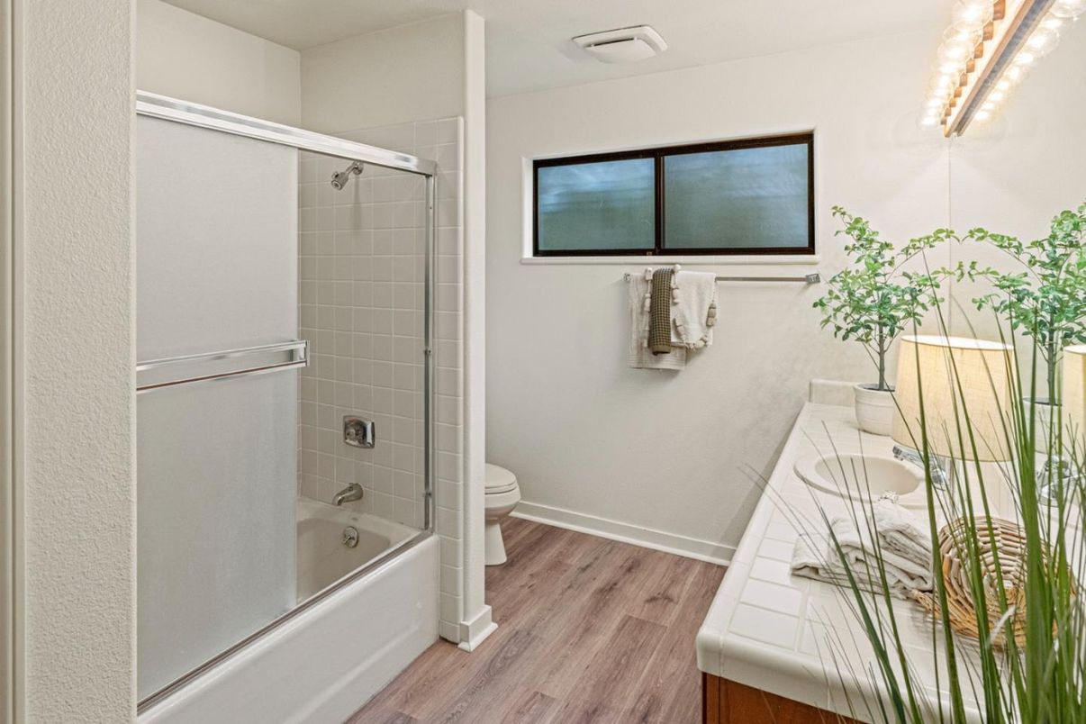 Bathroom, Glass Shower, Interior, Wood Texture Flooring