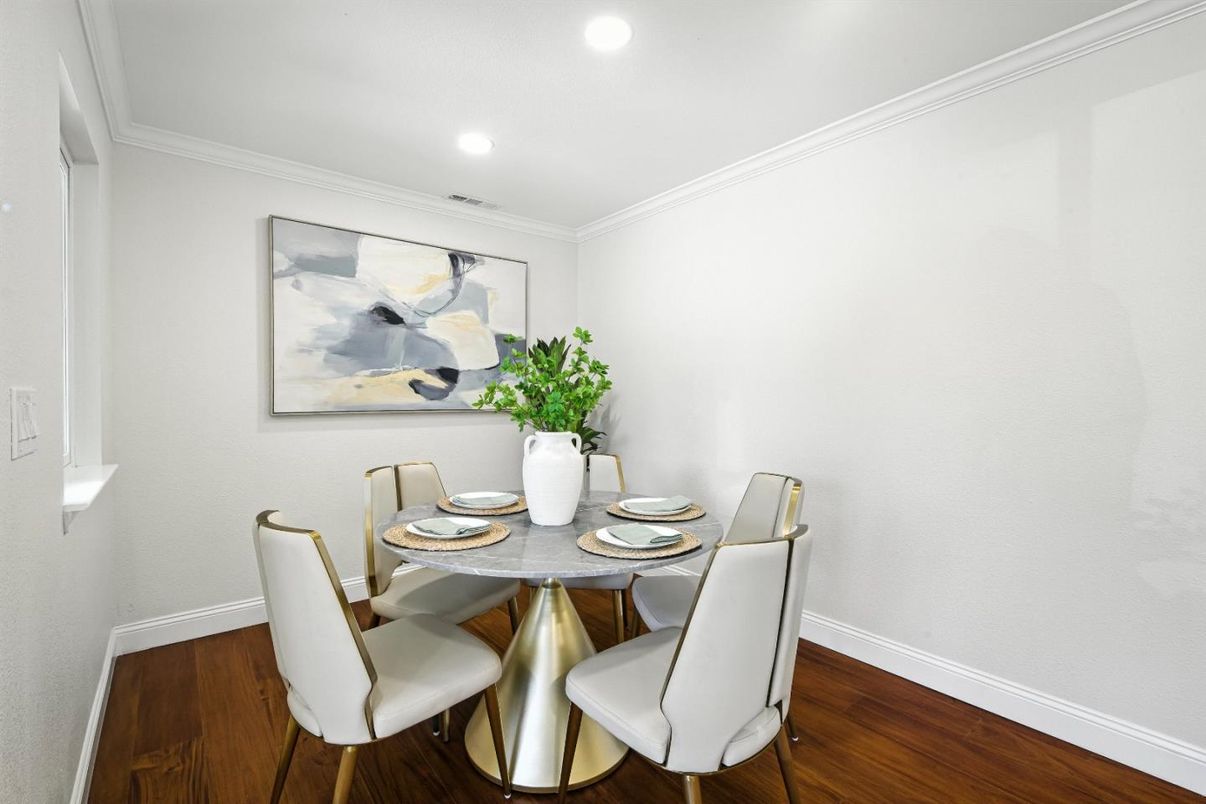 Dining room, Interior, Recessed Lighting, Wood Texture Flooring