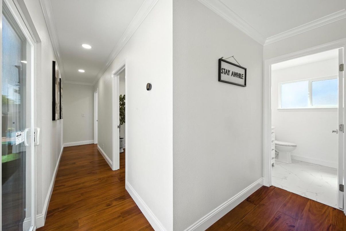 Bathroom, Interior, Marble, Recessed Lighting, Wood Texture Flooring
