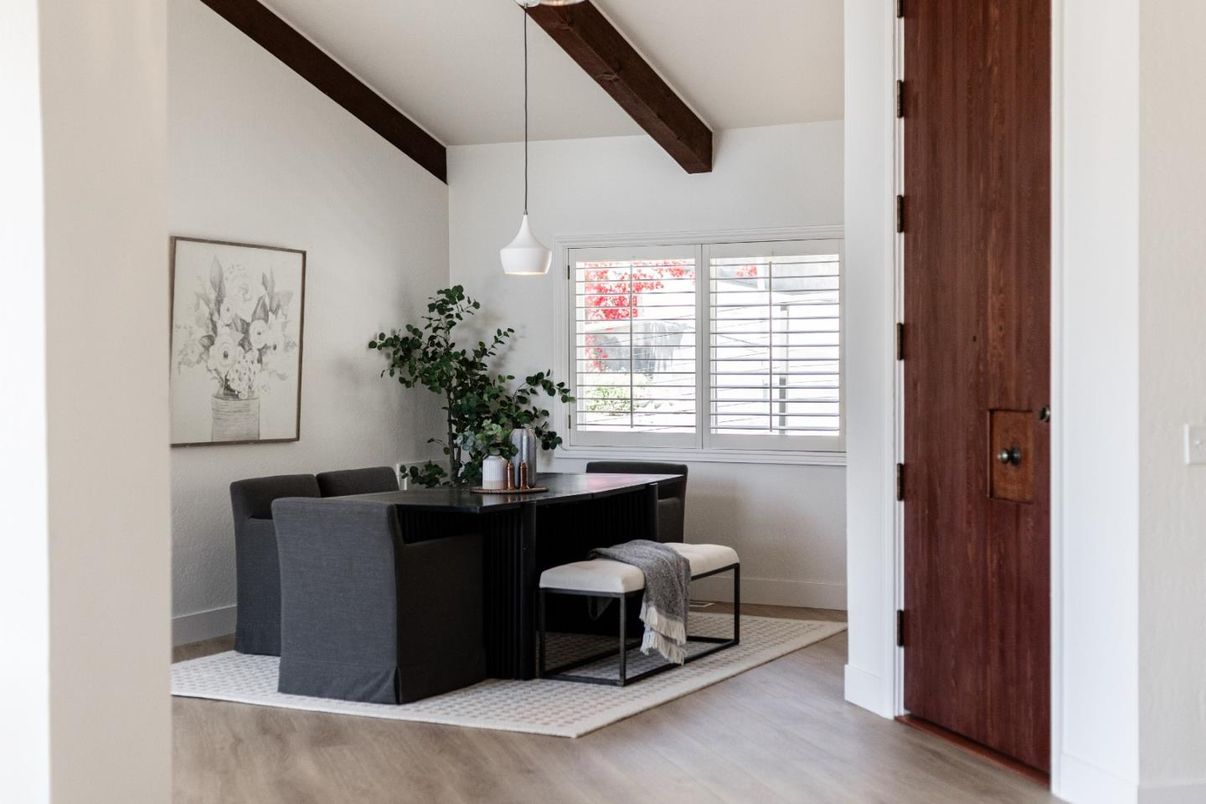 Dining room, Interior, Pendant Lights, Wooden Beams, Wood Texture Flooring