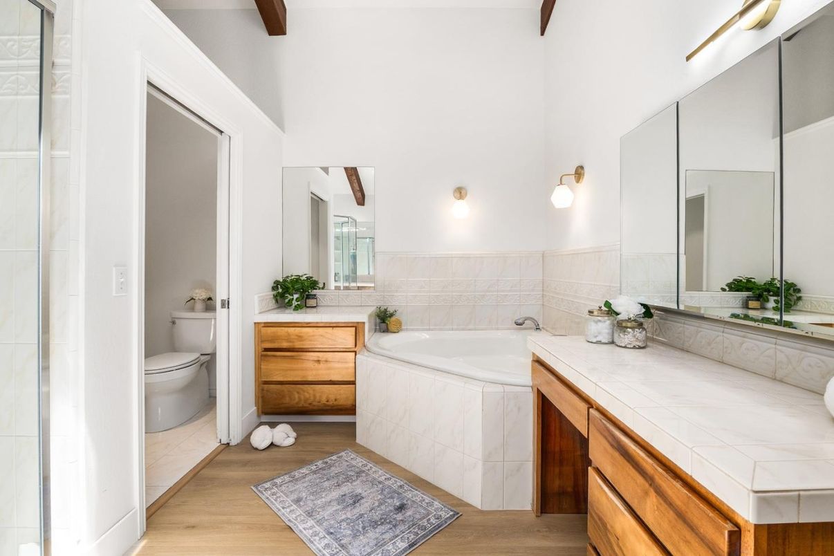 Bathroom, Dual Sink Vanities, Interior, Tile Countertops, Wood Texture Flooring