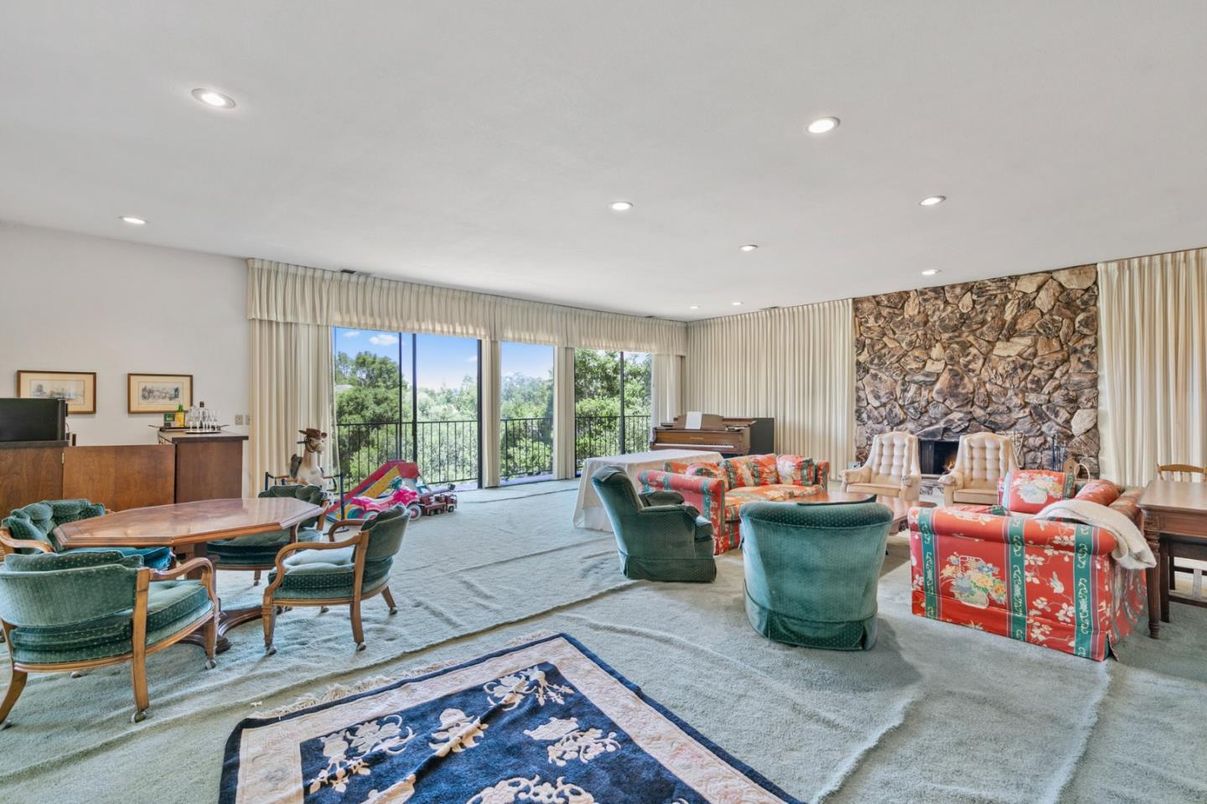 Dining room, Fireplace, Interior, Living room, Recessed Lighting, Stone Walls