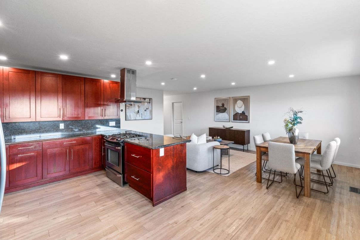 Dining room, Interior, Kitchen, Living room, Recessed Lighting, Wood Texture Flooring
