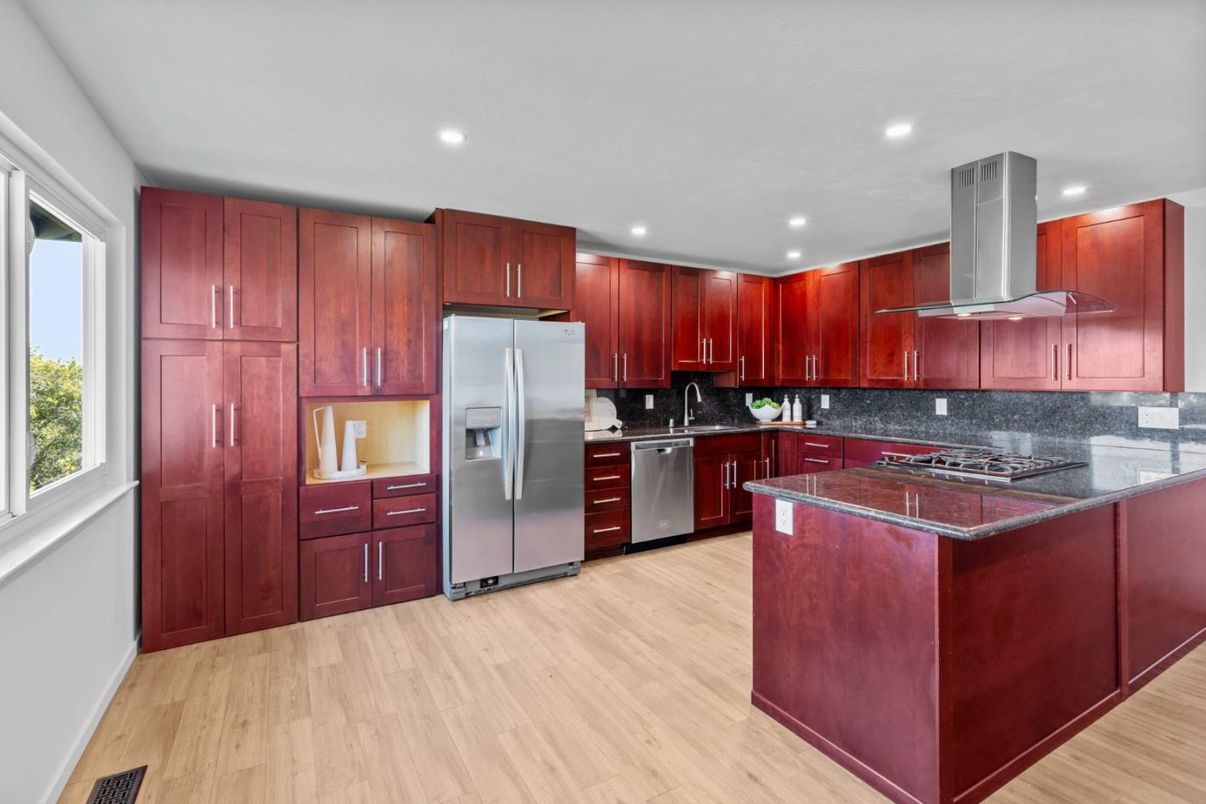 Interior, Kitchen, Recessed Lighting, Stainless Steel Appliances, Wood Texture Flooring