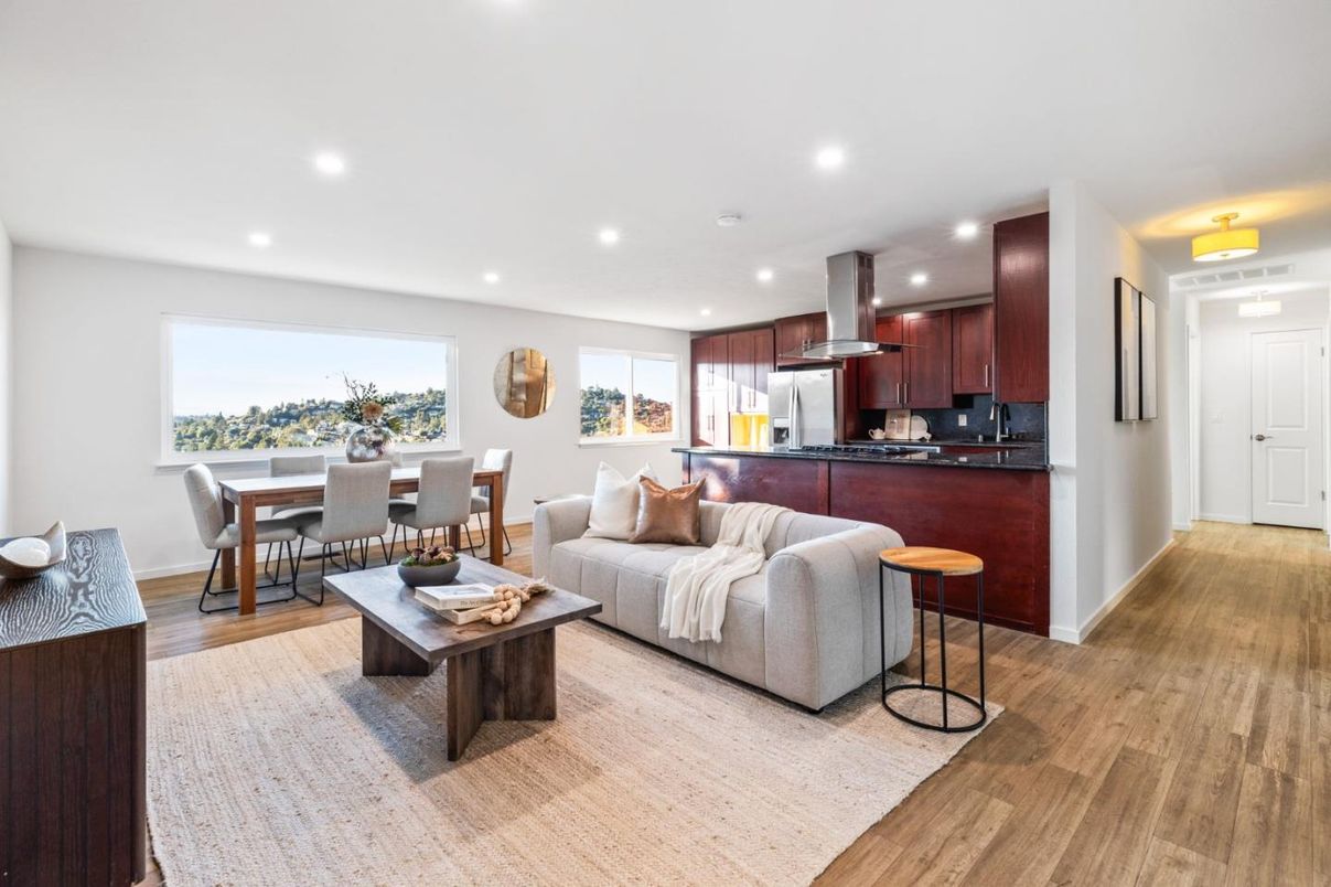Dining room, Interior, Kitchen, Living room, Recessed Lighting, Stainless Steel Appliances, Wood Texture Flooring