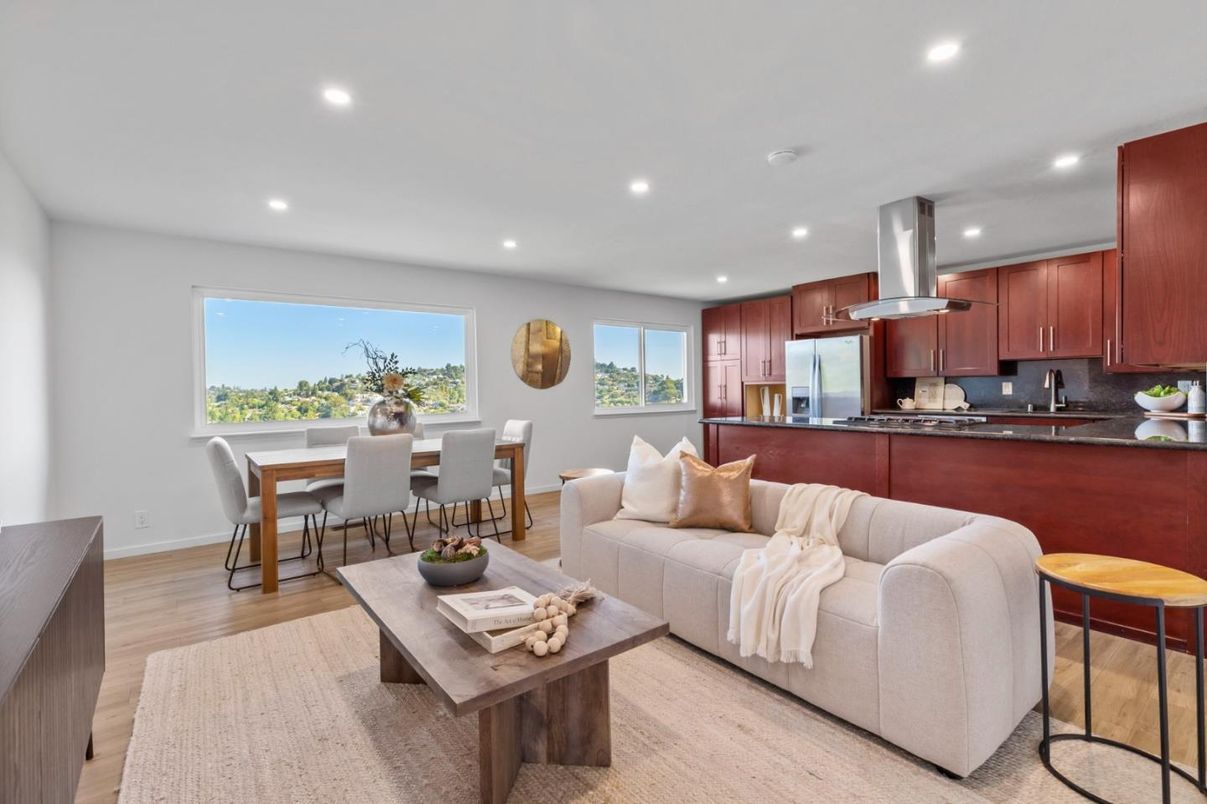 Dining room, Interior, Kitchen, Living room, Recessed Lighting, Stainless Steel Appliances, Wood Texture Flooring