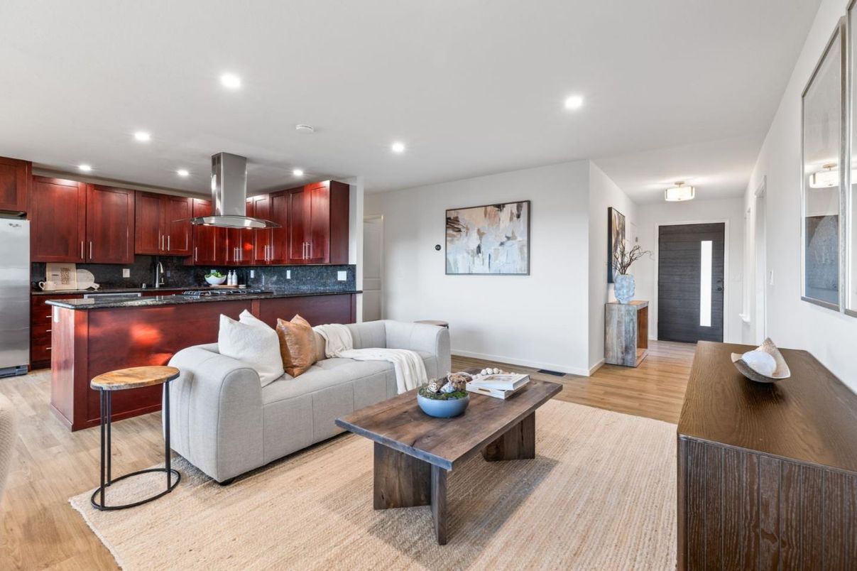 Interior, Kitchen, Living room, Recessed Lighting, Stainless Steel Appliances, Wood Texture Flooring