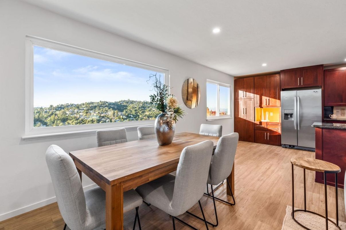 Dining room, Interior, Kitchen, Recessed Lighting, Stainless Steel Appliances, Wood Texture Flooring