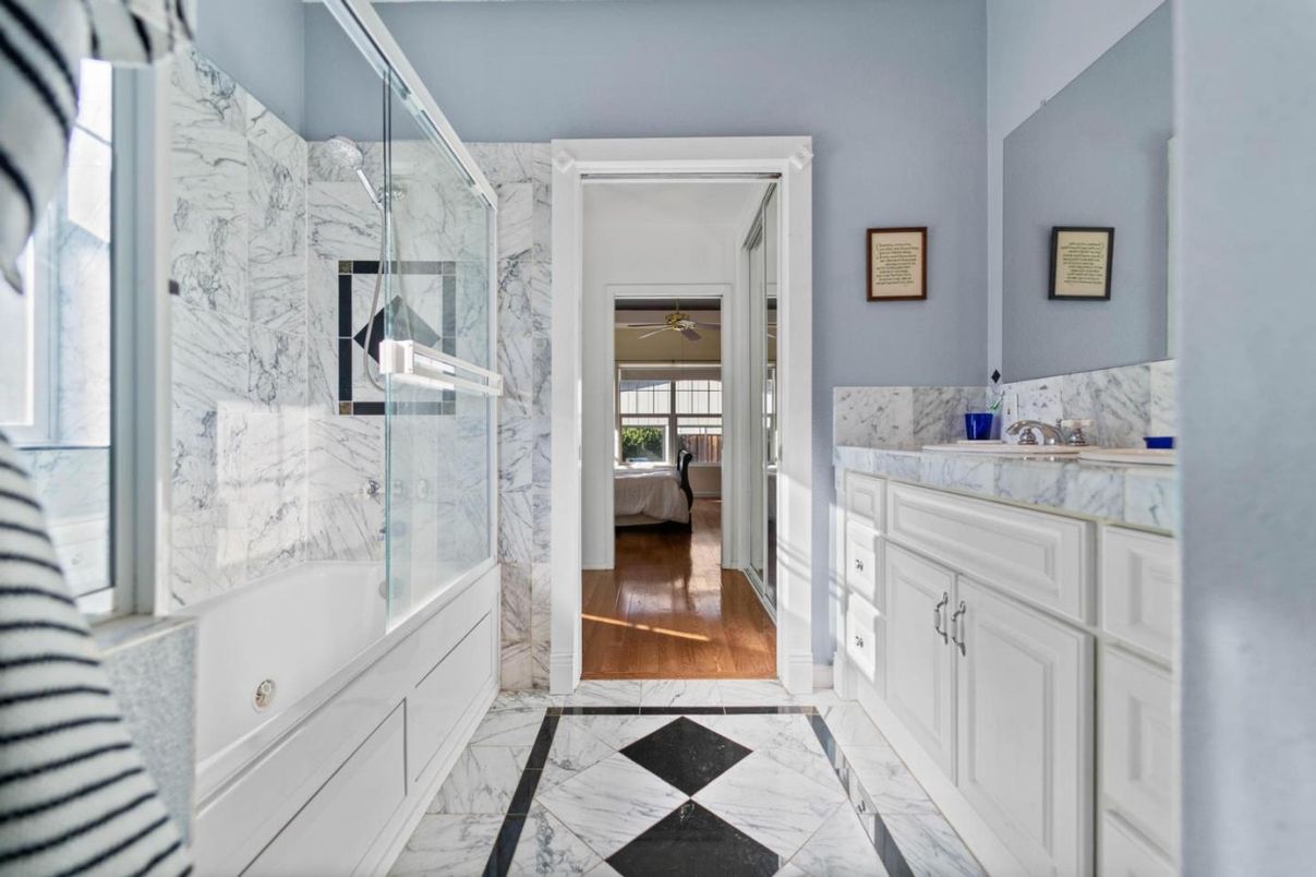 Bathroom, Glass Shower, Interior, Marble, Marble Walls, Wood Texture Flooring
