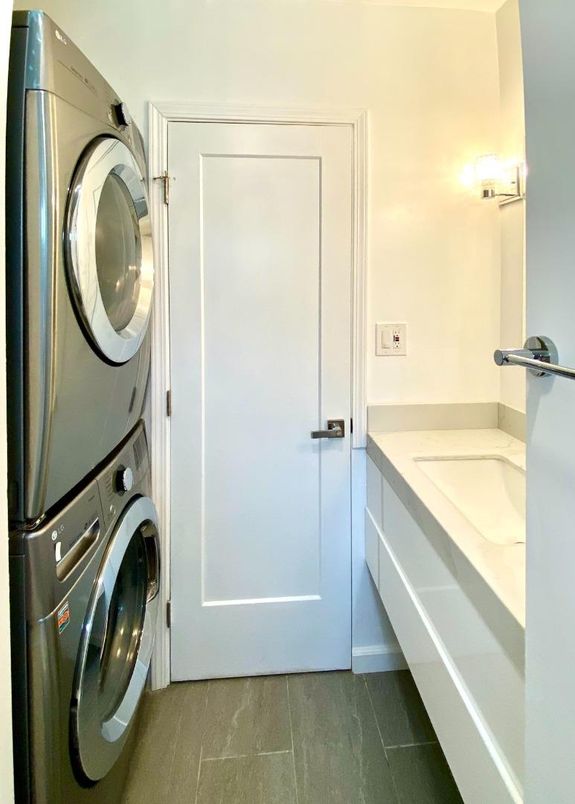 Bathroom, Interior, Utility Closets, Washer, Wood Texture Flooring