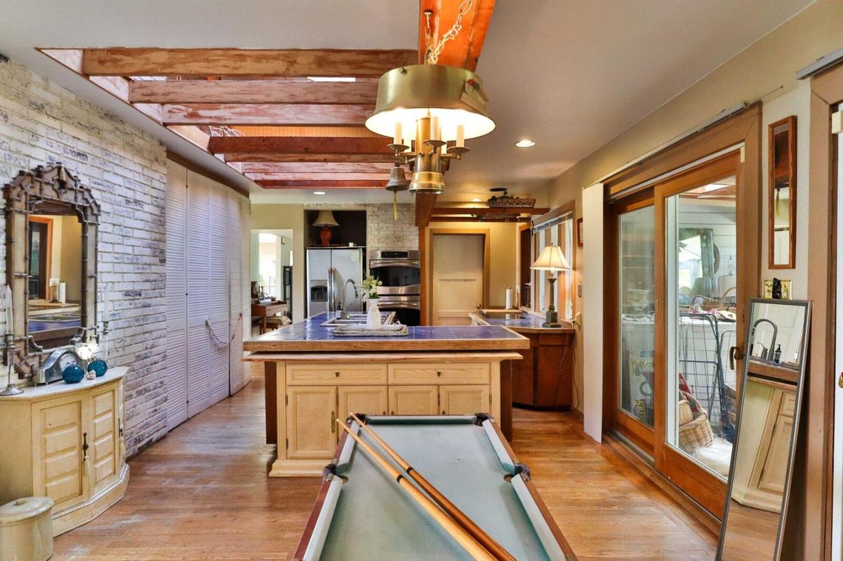 Interior, Kitchen, Recessed Lighting, Stainless Steel Appliances, Stone Walls, Wooden Beams, Wooden Ceilings, Wood Texture Flooring