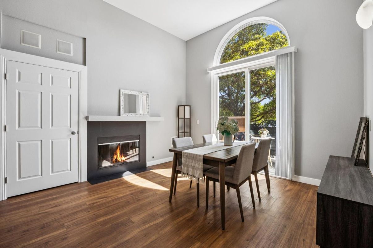 Dining room, Fireplace, Interior, Wood Texture Flooring