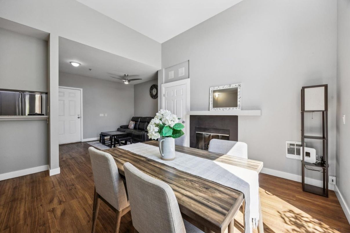 Dining room, Fireplace, Interior, Wood Texture Flooring