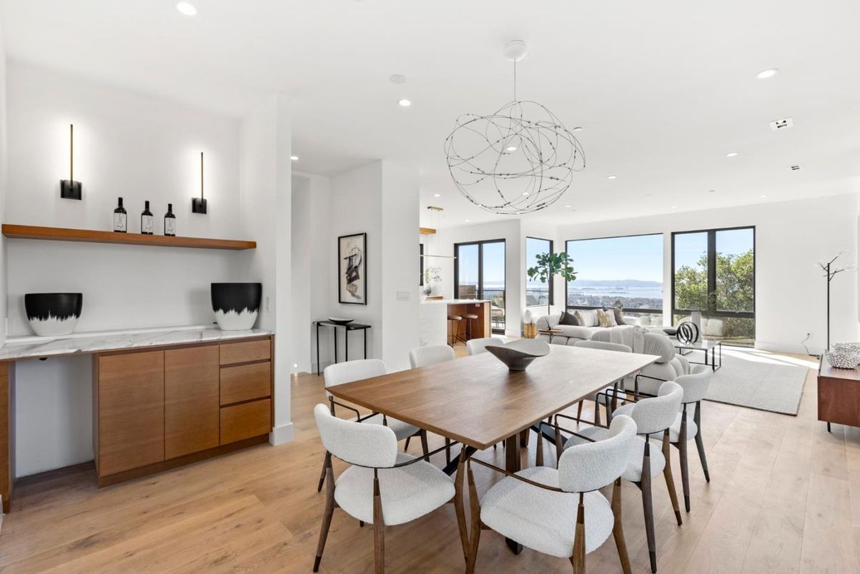Dining room, Interior, Living room, Pendant Lights, Recessed Lighting, Water, Wood Texture Flooring
