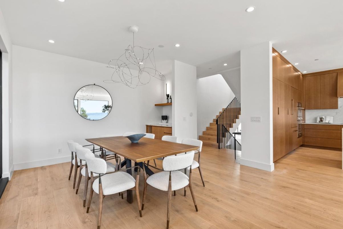 Dining room, Interior, Pendant Lights, Recessed Lighting, Wood Texture Flooring