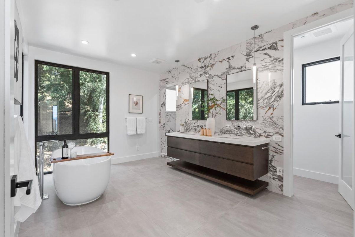 Bathroom, Dual Sink Vanities, Free Standing Baths, Interior, Marble Walls, Recessed Lighting