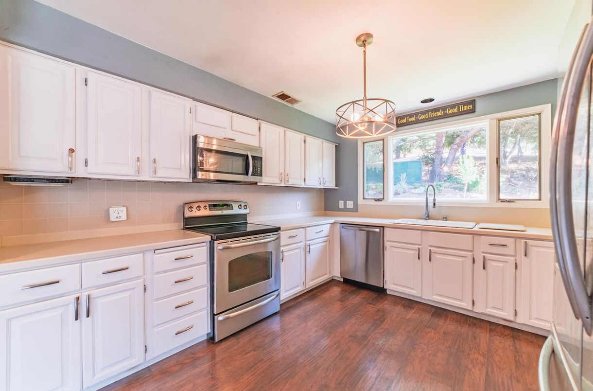 Interior, Kitchen, Pendant Lights, Stainless Steel Appliances, Wood Texture Flooring