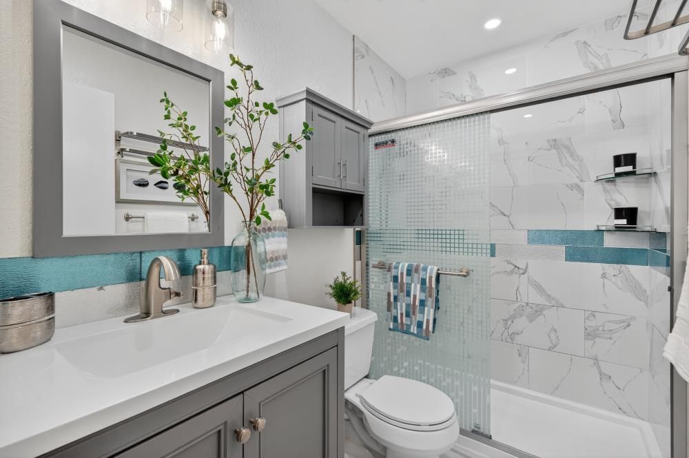 Bathroom, Glass Shower, Interior, Marble Walls, Recessed Lighting