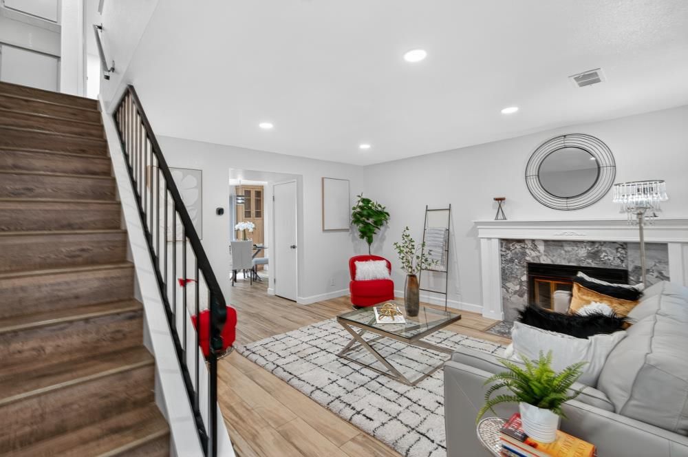 Fireplace, Interior, Living room, Recessed Lighting, Wood Texture Flooring
