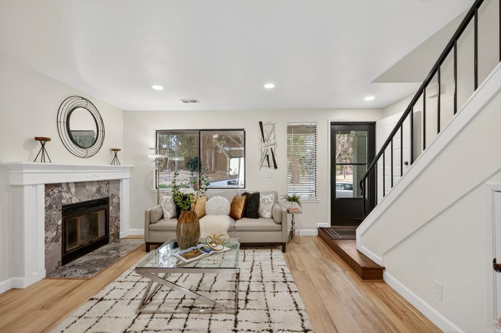 Fireplace, Interior, Living room, Recessed Lighting, Wood Texture Flooring