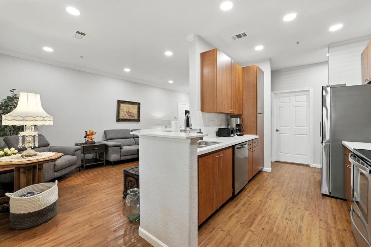 Interior, Kitchen, Living room, Recessed Lighting, Stainless Steel Appliances, Wood Texture Flooring