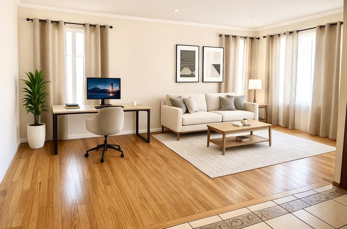 Home Office, Interior, Living room, Recessed Lighting, Wood Texture Flooring