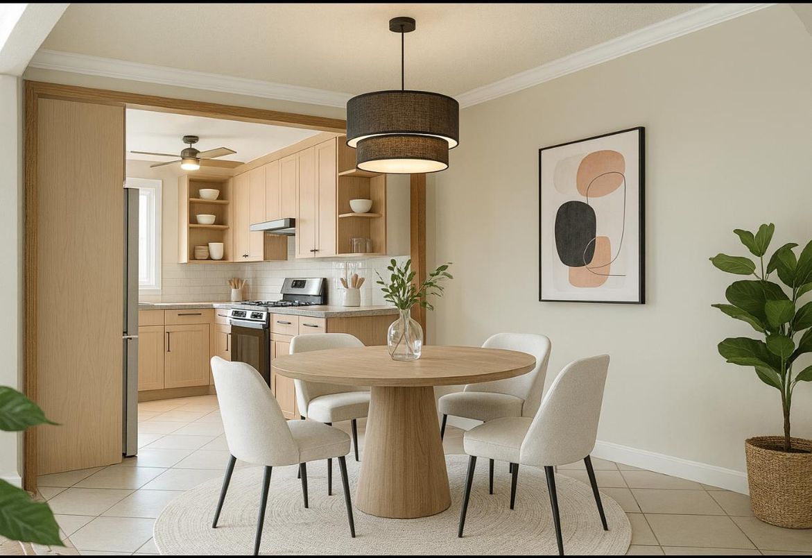 Dining room, Interior, Kitchen, Pendant Lights, Stainless Steel Appliances