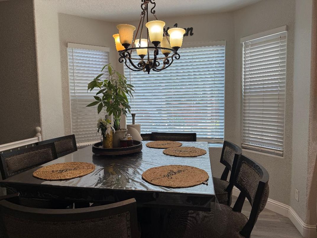Chandelier, Dining room, Interior, Wood Texture Flooring