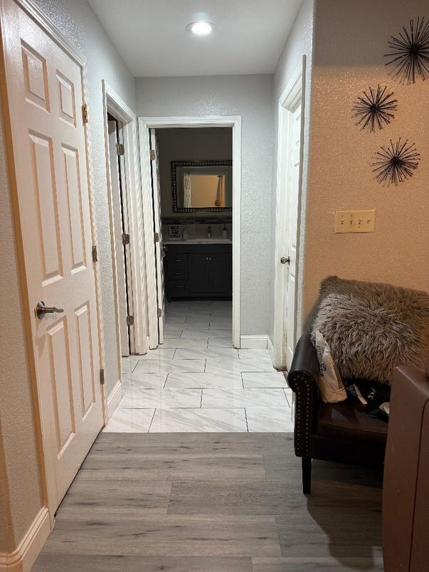 Bathroom, Interior, Marble, Recessed Lighting, Wood Texture Flooring