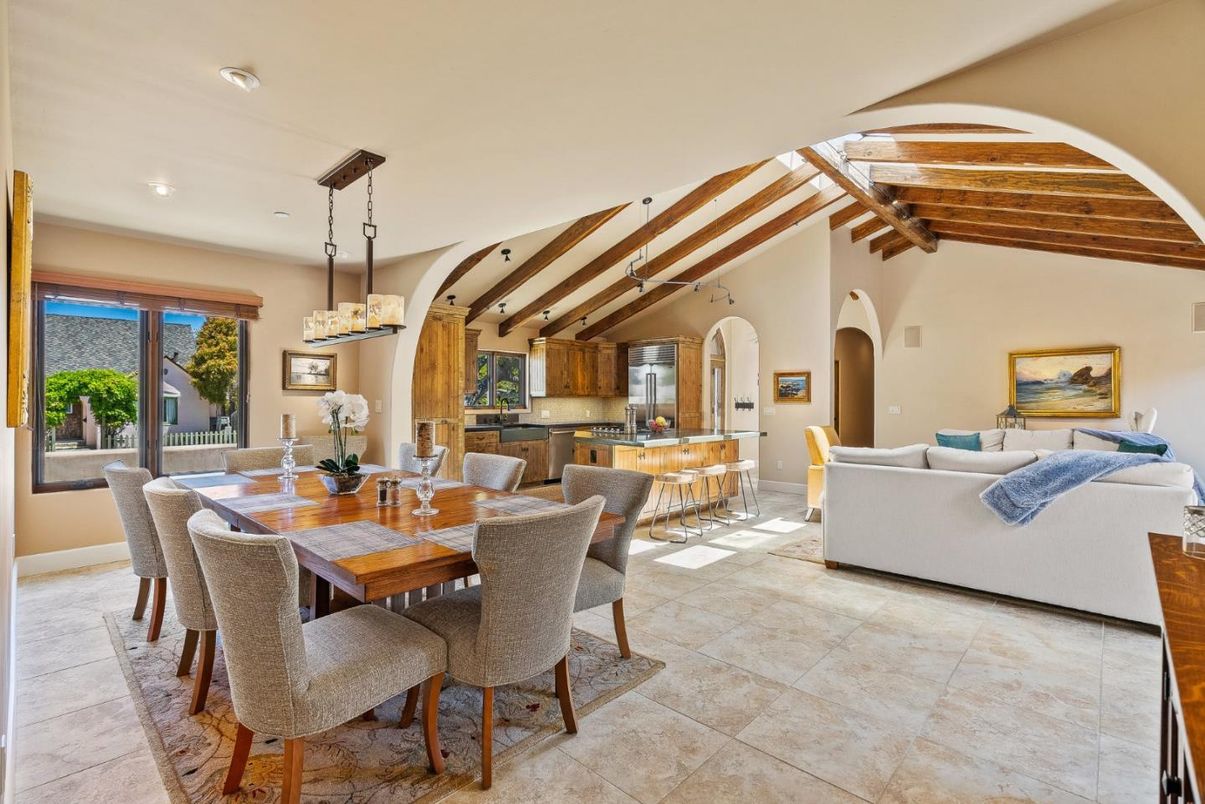 Dining room, Interior, Kitchen, Living room, Pendant Lights, Recessed Lighting, Stainless Steel Appliances, Wooden Beams, Wooden Ceilings