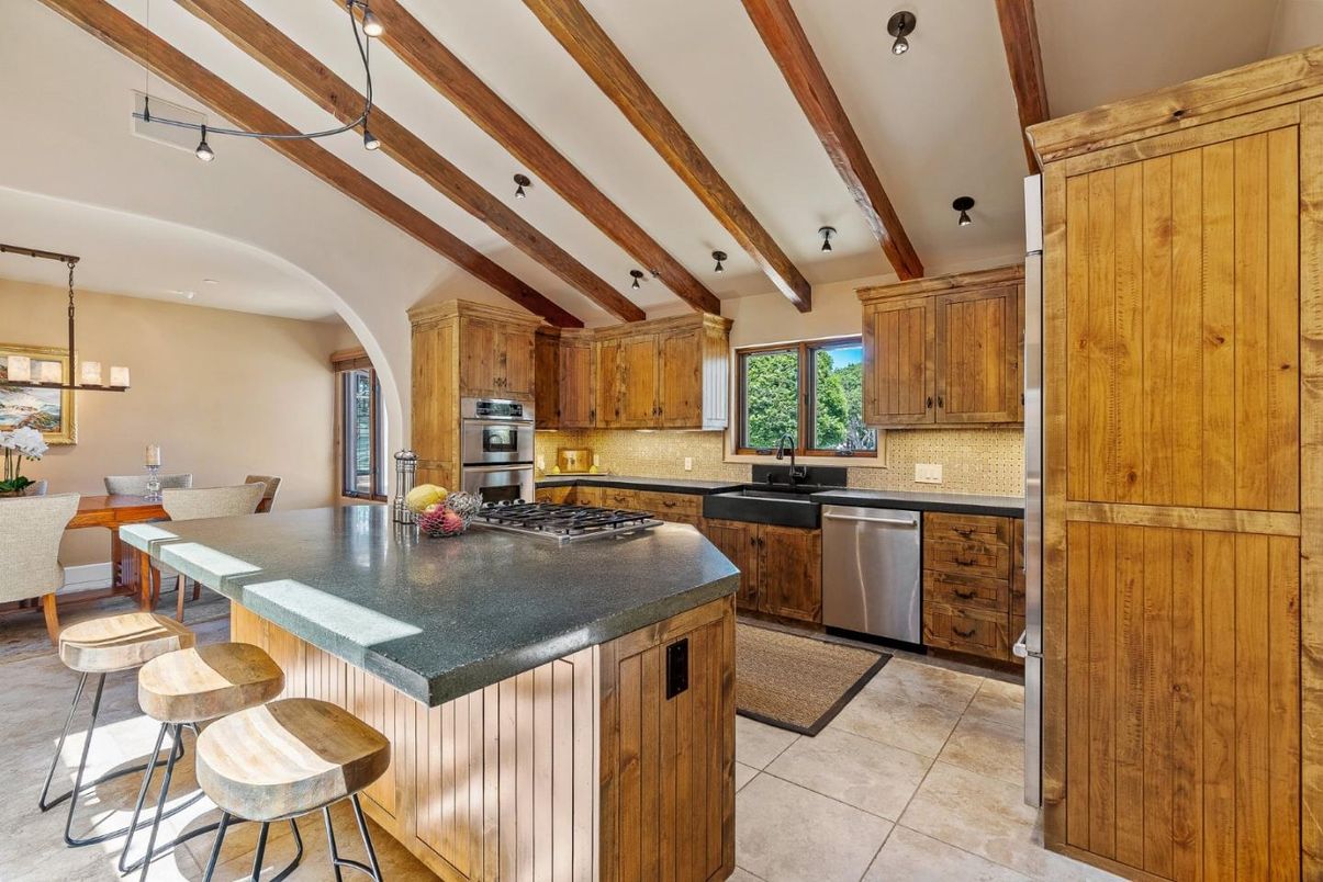 Dining room, Interior, Kitchen, Pendant Lights, Stainless Steel Appliances, Wooden Beams
