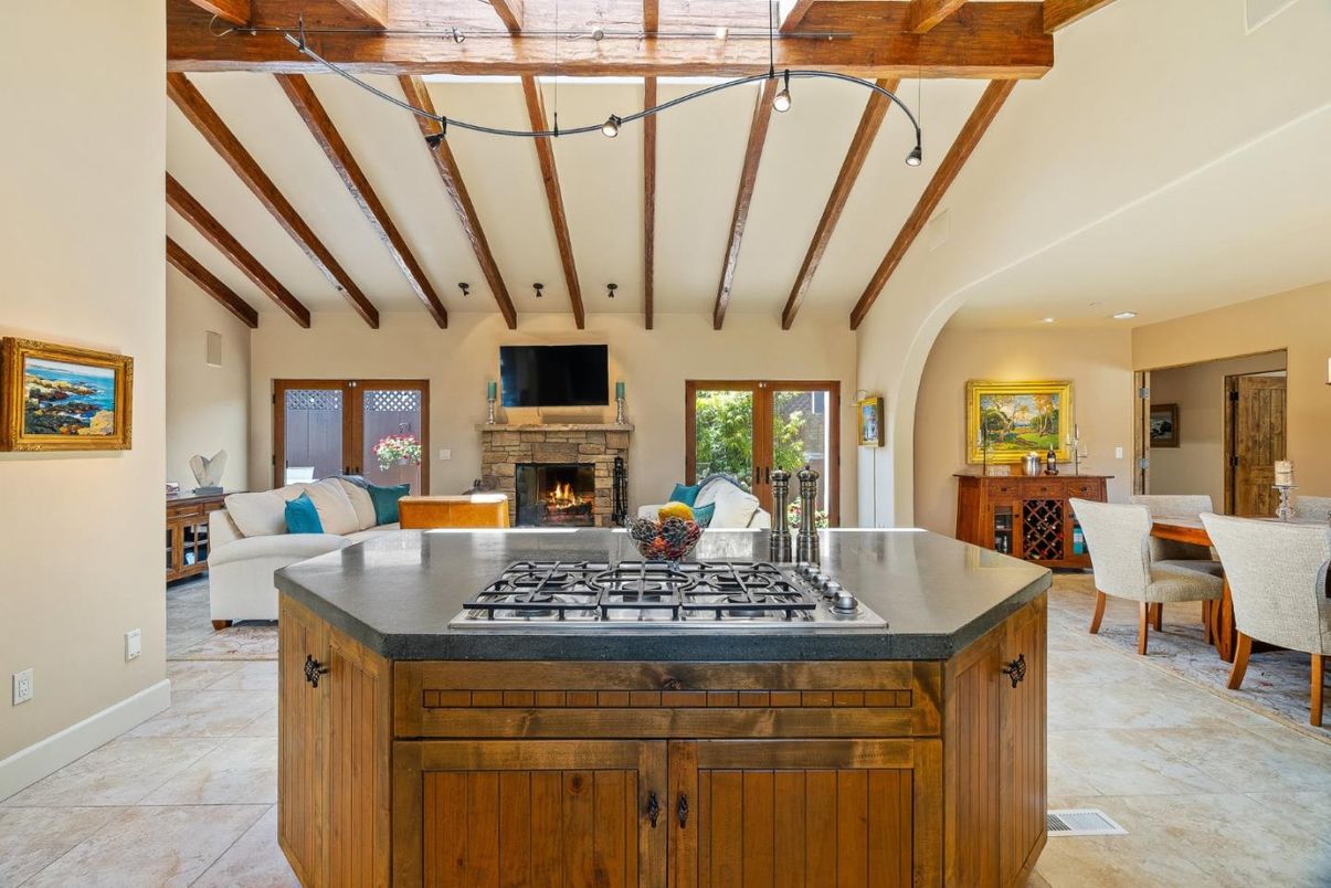Dining room, Fireplace, Interior, Kitchen, Living room, Recessed Lighting, Wooden Beams