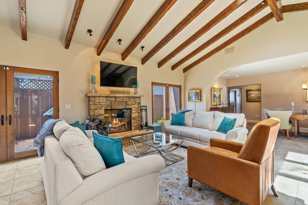 Dining room, Fireplace, Interior, Living room, Recessed Lighting, Wooden Beams