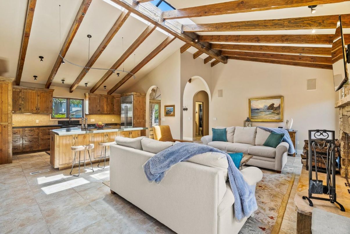 Fireplace, Interior, Kitchen, Living room, Recessed Lighting, Wooden Beams